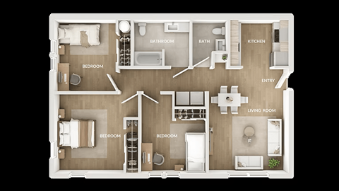 Floor plan for 3 beds, 1.5 baths, 1108 sqft